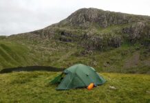 Tent pitched at Angle Tarn with Bowfell behind