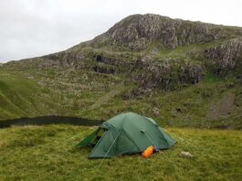 Tent pitched at Angle Tarn with Bowfell behind