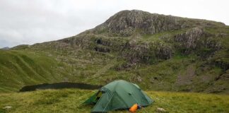 Tent pitched at Angle Tarn with Bowfell behind