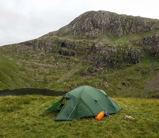 Tent pitched at Angle Tarn with Bowfell behind