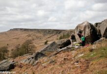 Climbers Bouldering at Stanage Plantation