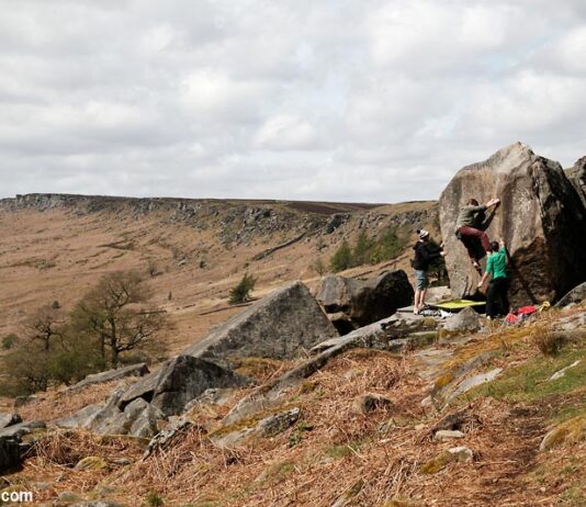 Climbers Bouldering at Stanage Plantation