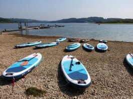 Paddleboards by the shore of a reservoir