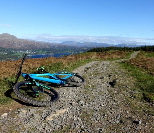 Mountain bike on bridleway with forest and mountains beyond.