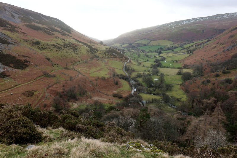 Elevated view of the narrow approach road to Pistyll Rhaeadr