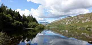 Lake view of Llynnau Mymbyr with Snowdon visible in the distance