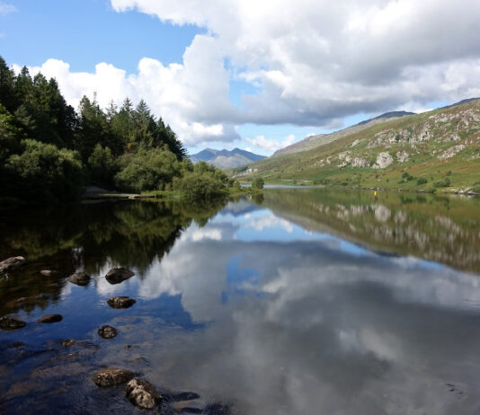 Lake view of Llynnau Mymbyr with Snowdon visible in the distance