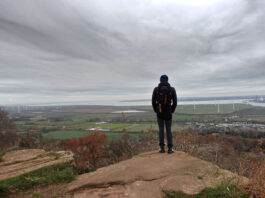 Elevated view standing on the sandstone edge atop Frodsham Hill