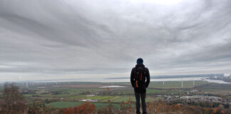 Elevated view standing on the sandstone edge atop Frodsham Hill