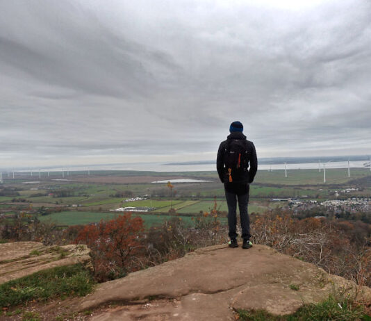 Elevated view standing on the sandstone edge atop Frodsham Hill